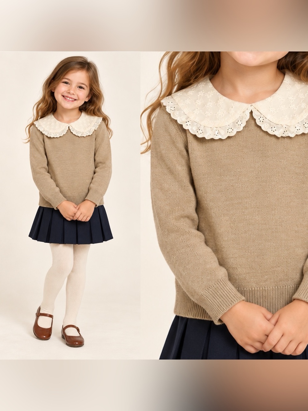 Zara Girls Beige Knit Sweater Ivory Lace Peter Pan Collar 4–5Y NWT